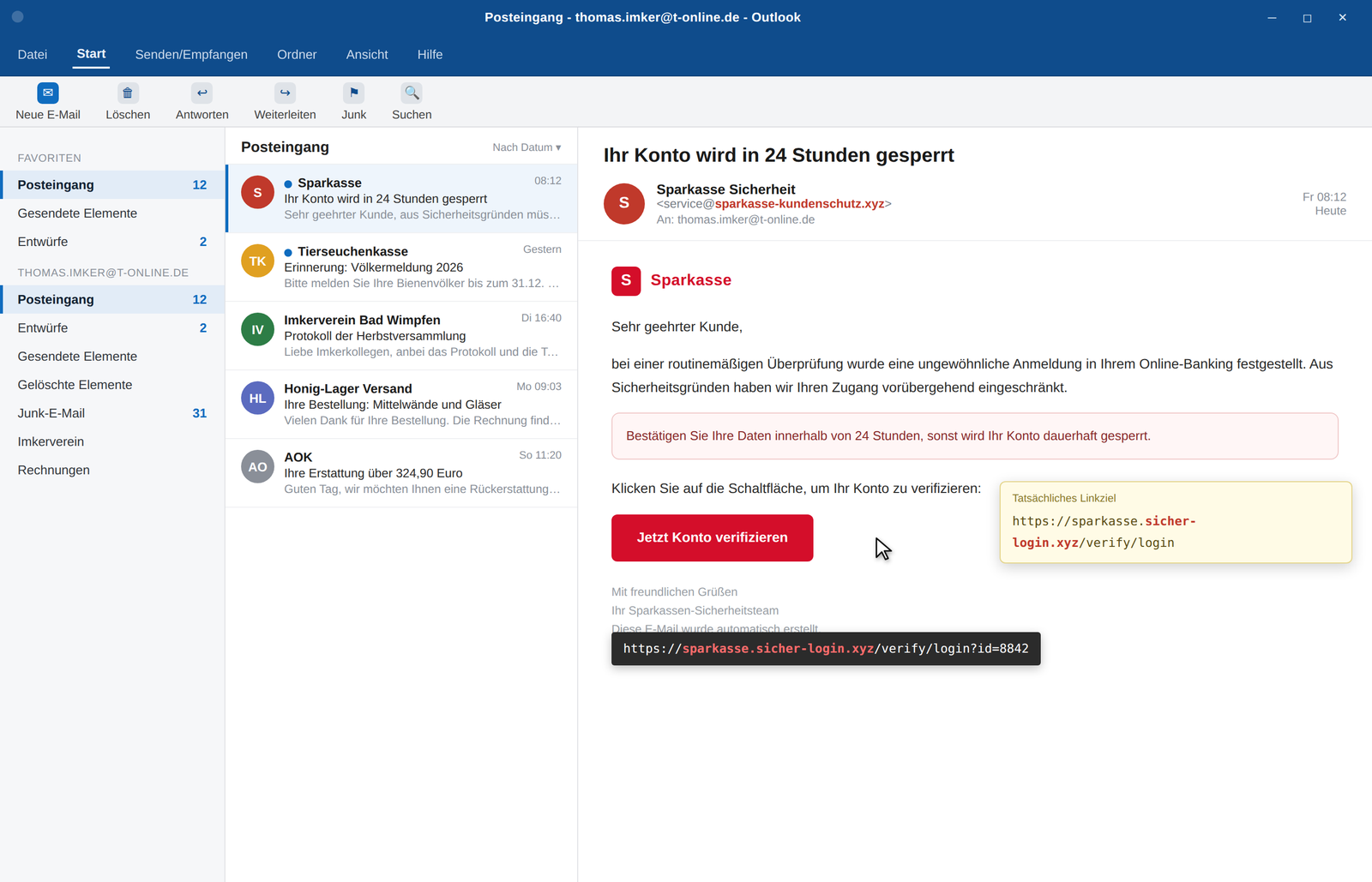 Nachgestelltes Postfach mit einer gefälschten Bankmail, das echte Linkziel endet auf einer fremden Domain