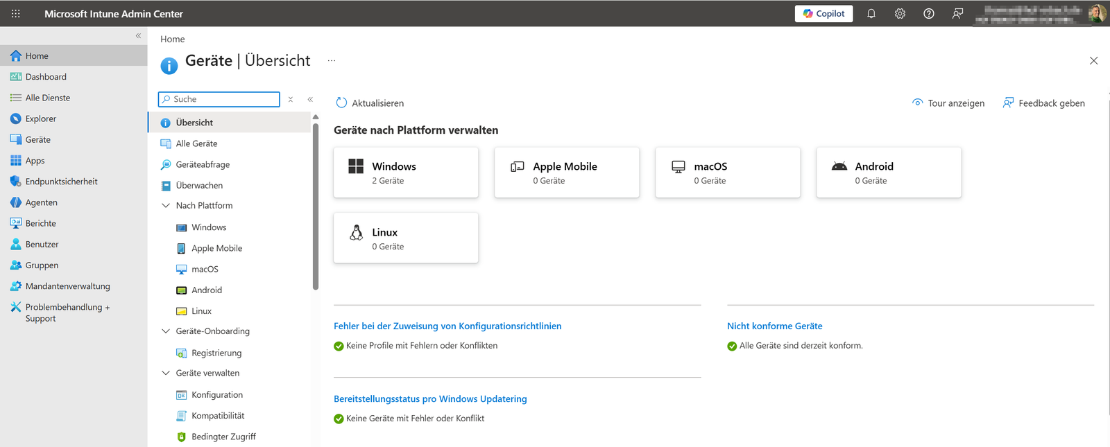 Geräteübersicht im Intune Admin Center mit verwalteten Windows-, Apple- und Android-Geräten