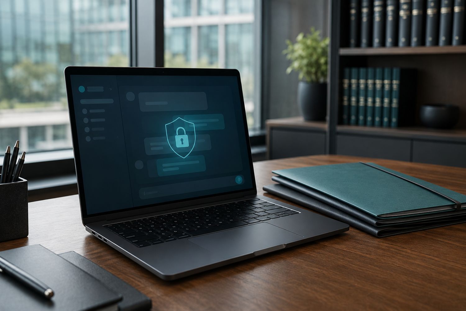 Laptop mit KI-Anwendung und Schutzschild-Symbol auf einem Schreibtisch in einer Kanzlei